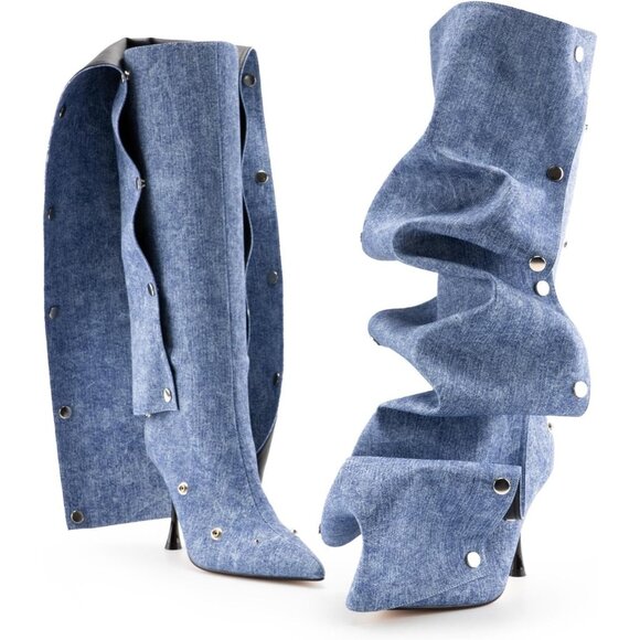 Women's Blue Suede Detachable Snap-off Panel Fold Over Fall Shark Boots - Picture 3 of 7